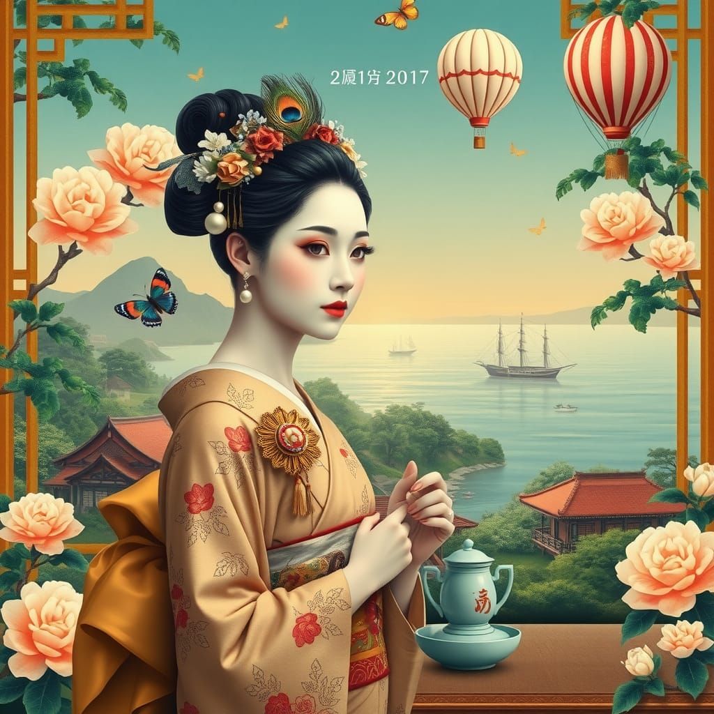 Geisha in Japanese Garden with Hot Air Balloon