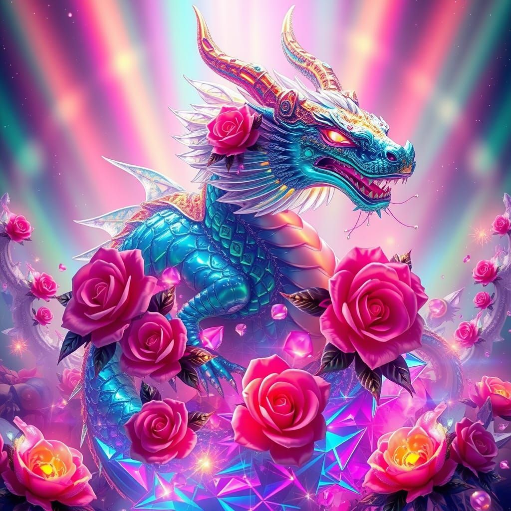 Crystal Dragon with Rainbow Shimmer in Kaleidoscopic Surreal...