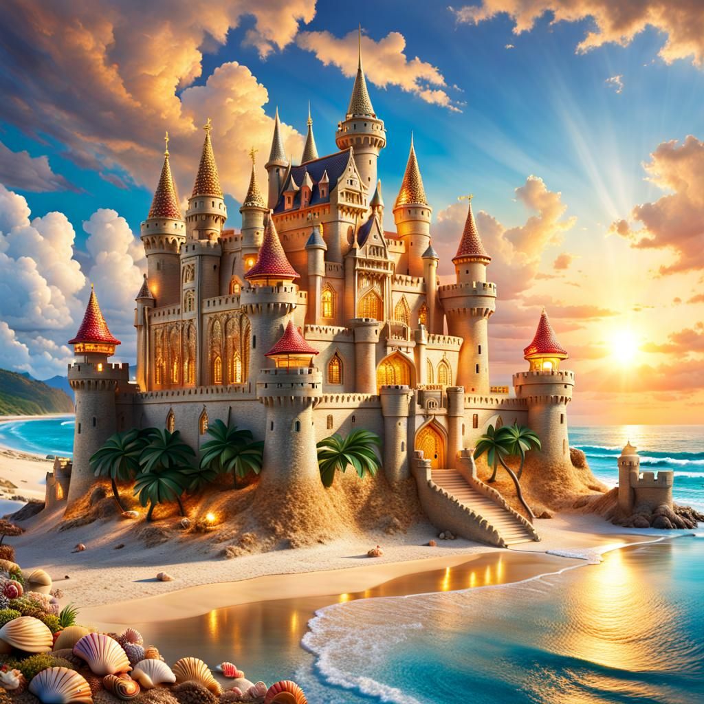 Golden Sand Castle on a Beach at Sunset