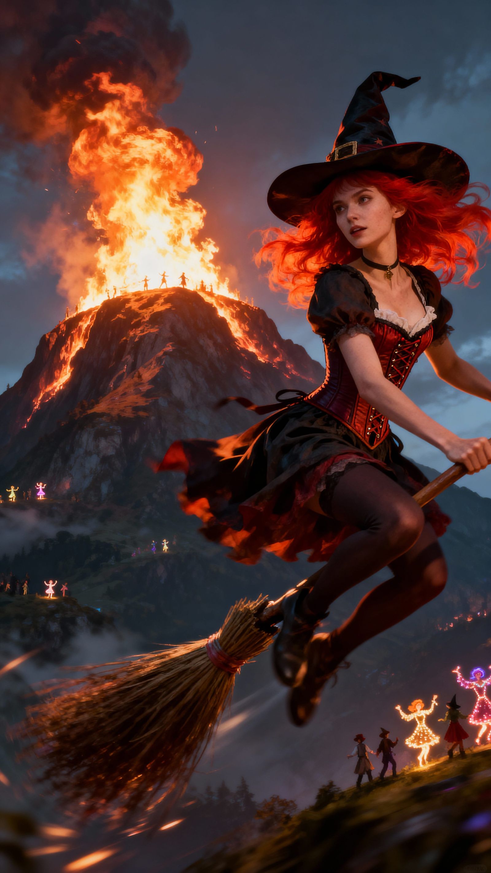 Fiery Witch on Broom Speeds Past Viewer in Fantasy Race