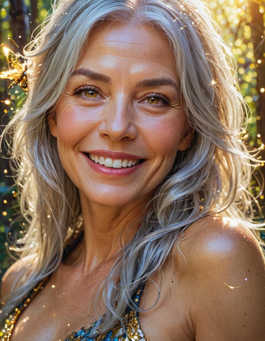 Smiling Silver-Haired Woman in Fantasy Forest Oil Painting