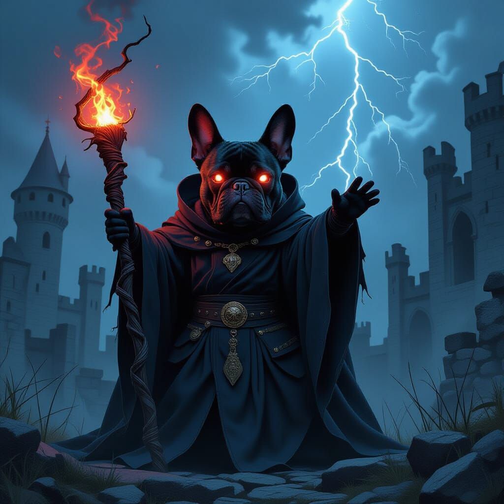 Gothic French Bulldog Wizard in Castle Ruins