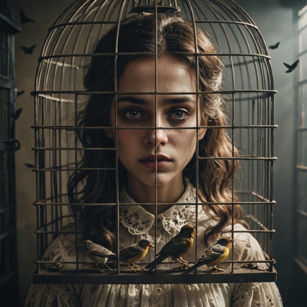 Macabre Portrait: Girl Trapped in Bird Cage