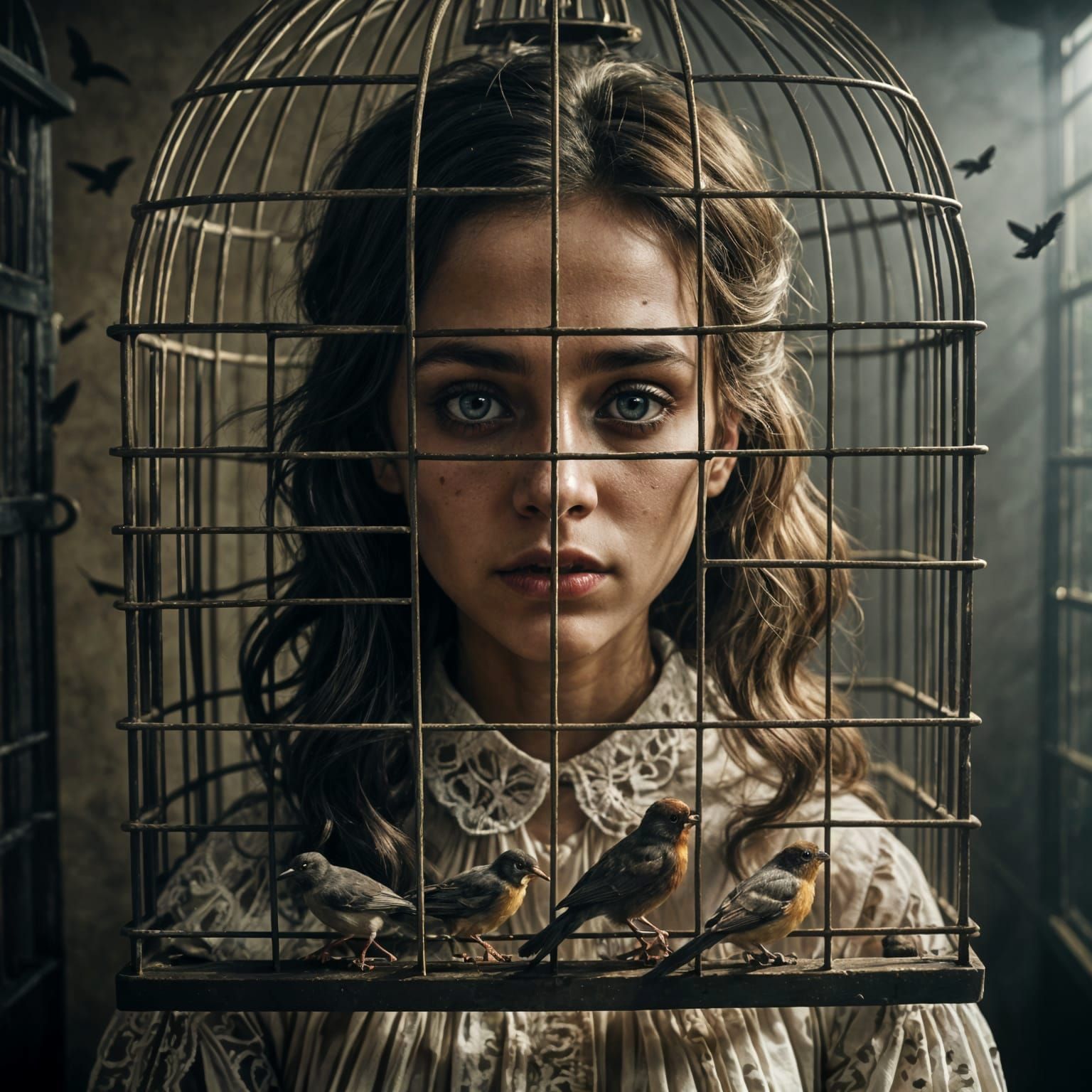 Surreal Macabre Portrait of Girl in Bird Cage