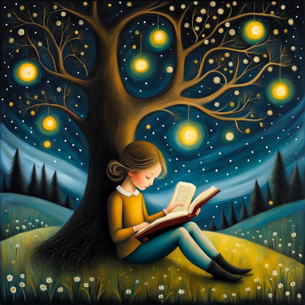 Girl Reading Book in Starry Night