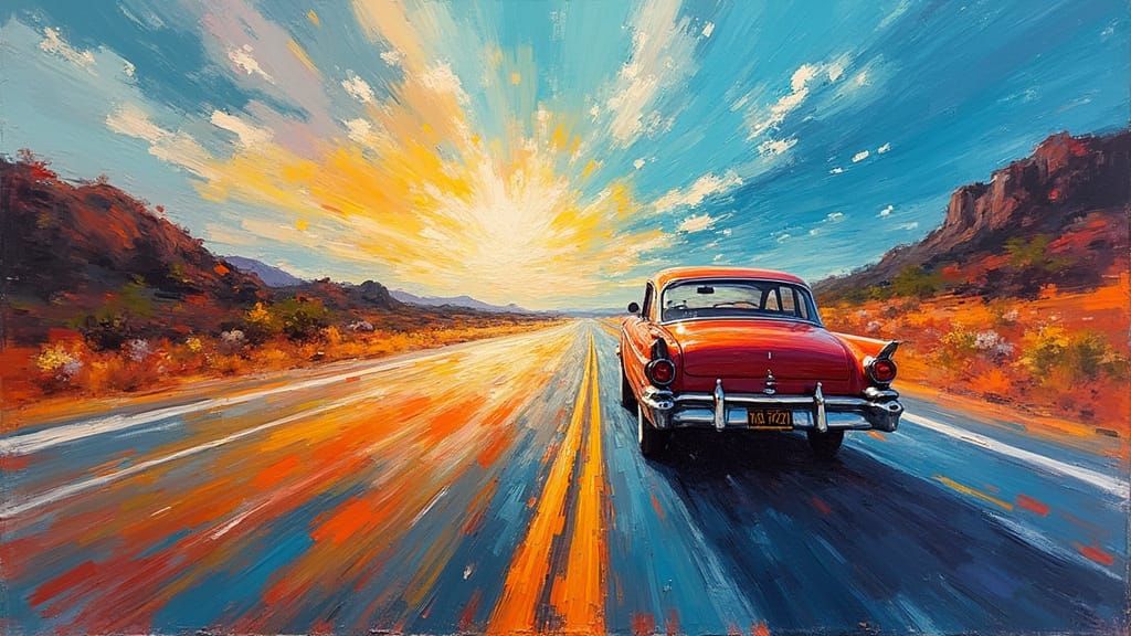 Vintage Car on Highway in Abstract Expressionist Style