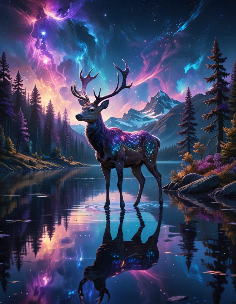Glowing Deer by Shimmering Lake Under Cosmic Skies