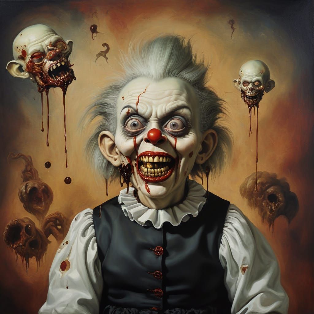 Surreal Clown Toddler Devours Brain in a Melting Oil Landsca...