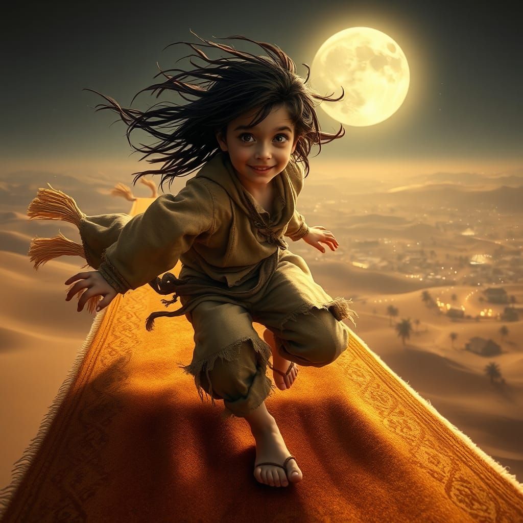Boy's Joyful Flight on Magic Carpet