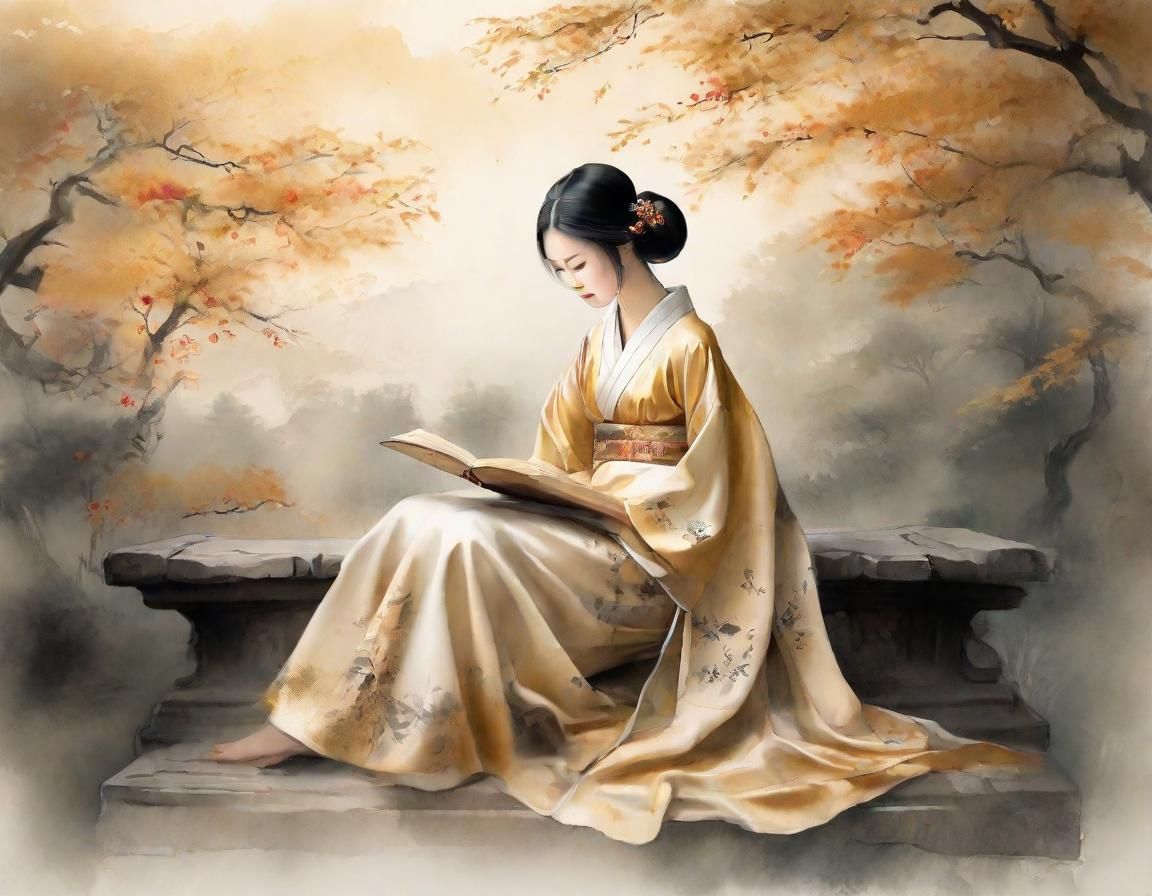 Girl Reading Book in Chinese Ink Painting Style