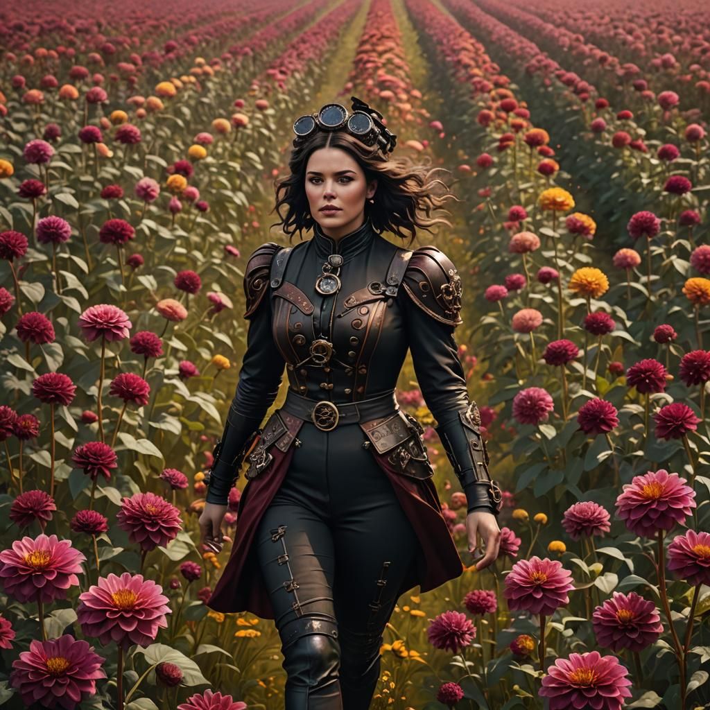 Steampunk Woman in Dahlia Field: Detailed Matte Painting