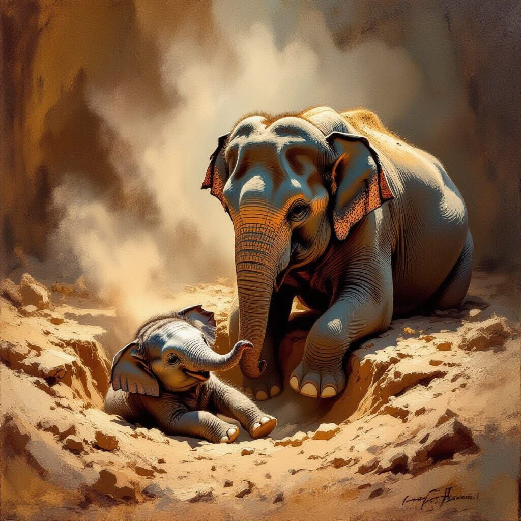 Baby Elephant Falls into Hole in Dramatic Oil Painting