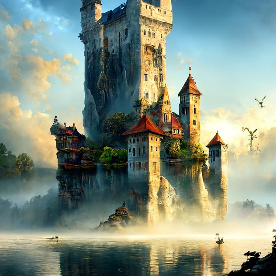 Fairytale Castle Reflected in Misty Lake