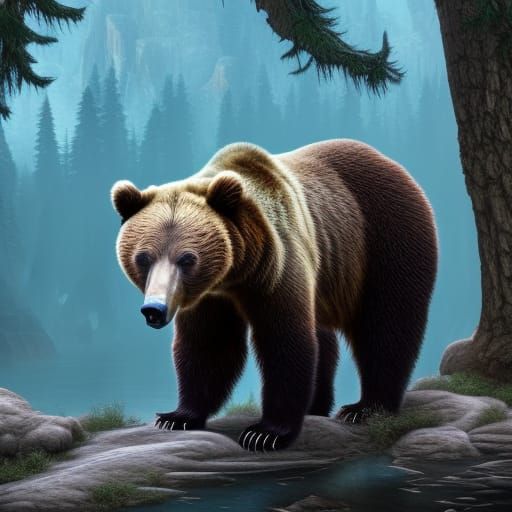 Detailed Grizzly Bear Matte Painting in Deep Color