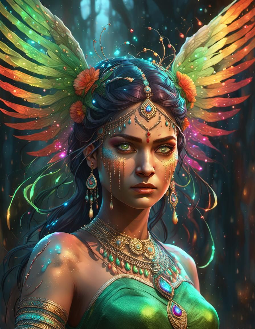 Indian Goddess with Rainbow Branches in Digital Art