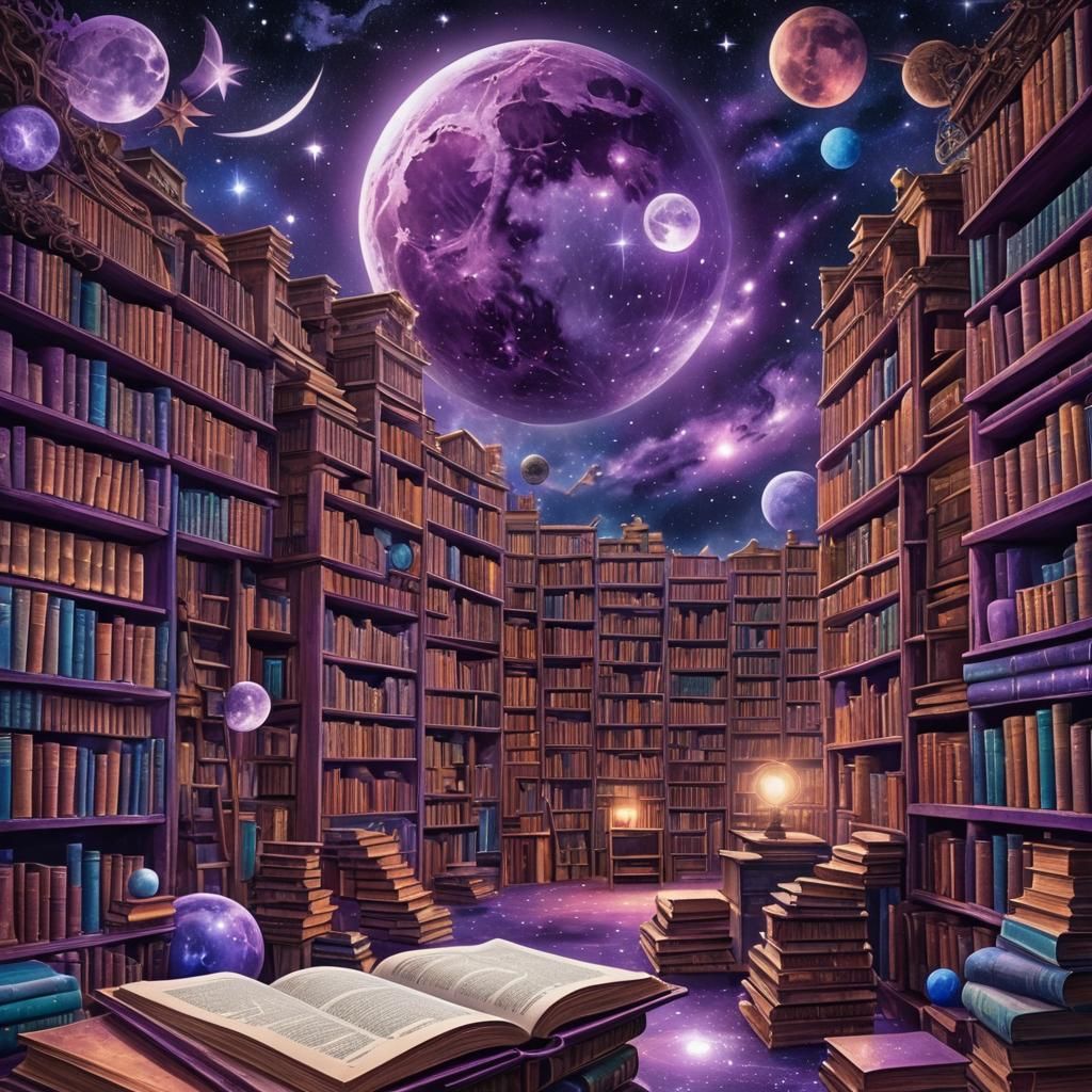 Celestial Library Under Mystical Purple Moon
