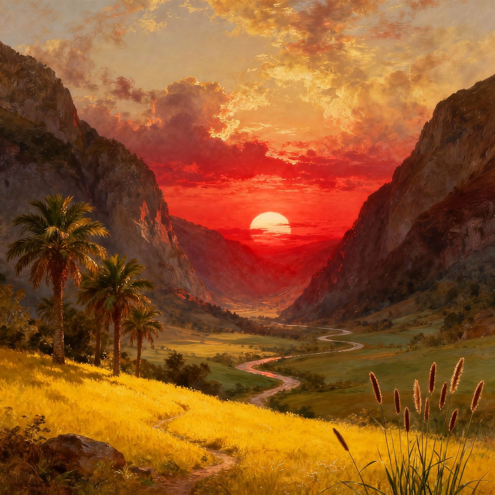 Romantic Sunset Valley with Dramatic Clouds