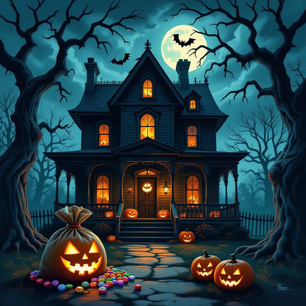 Haunted Halloween House with Eerie Jack-o'-Lanterns