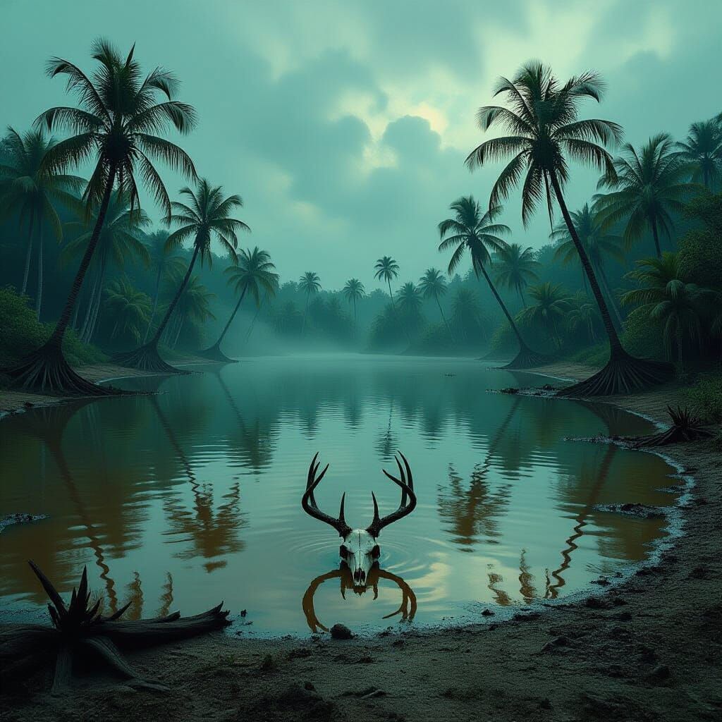 Eerie Island Lake with Deer Skull, in Dark Surrealist Style