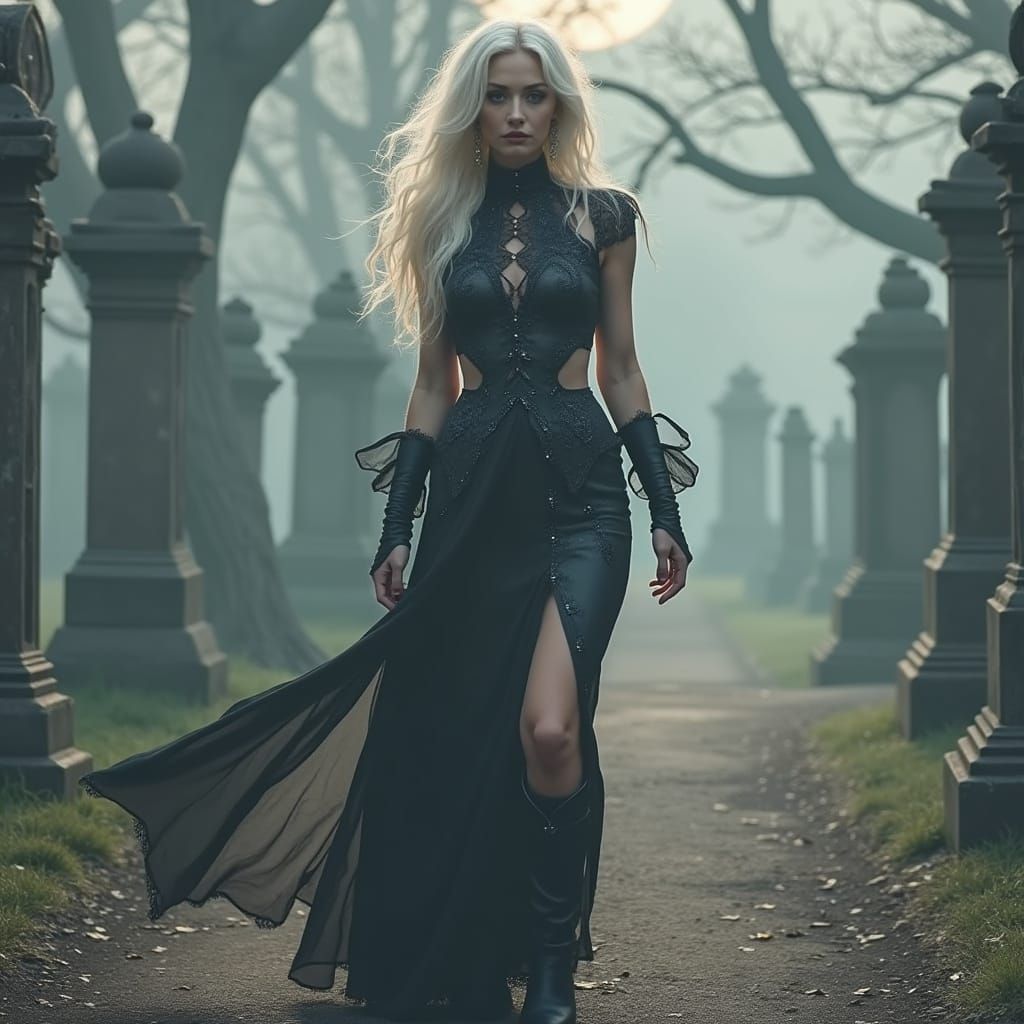 Ethereal Woman Walks Victorian Cemetery in Shimmering Black ...