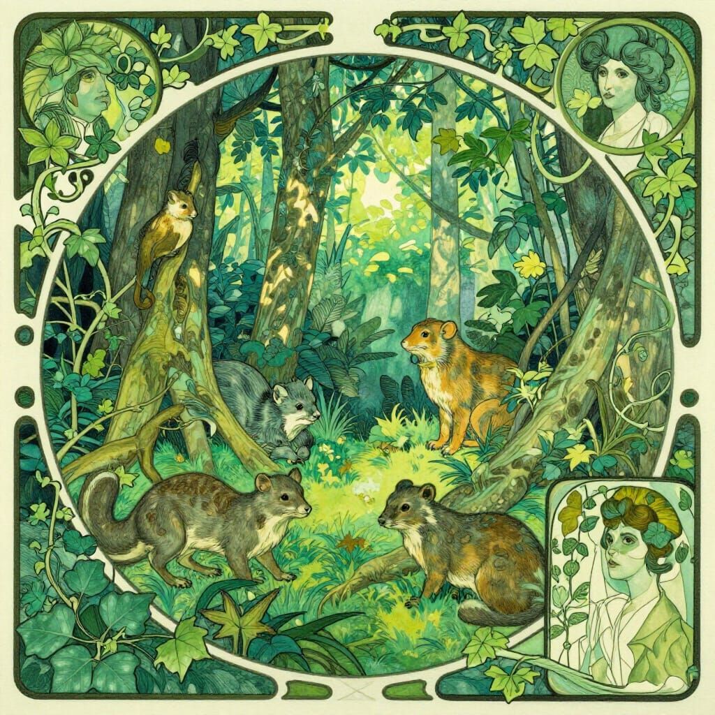 Woodland Critters in Art Nouveau Emerald Hues