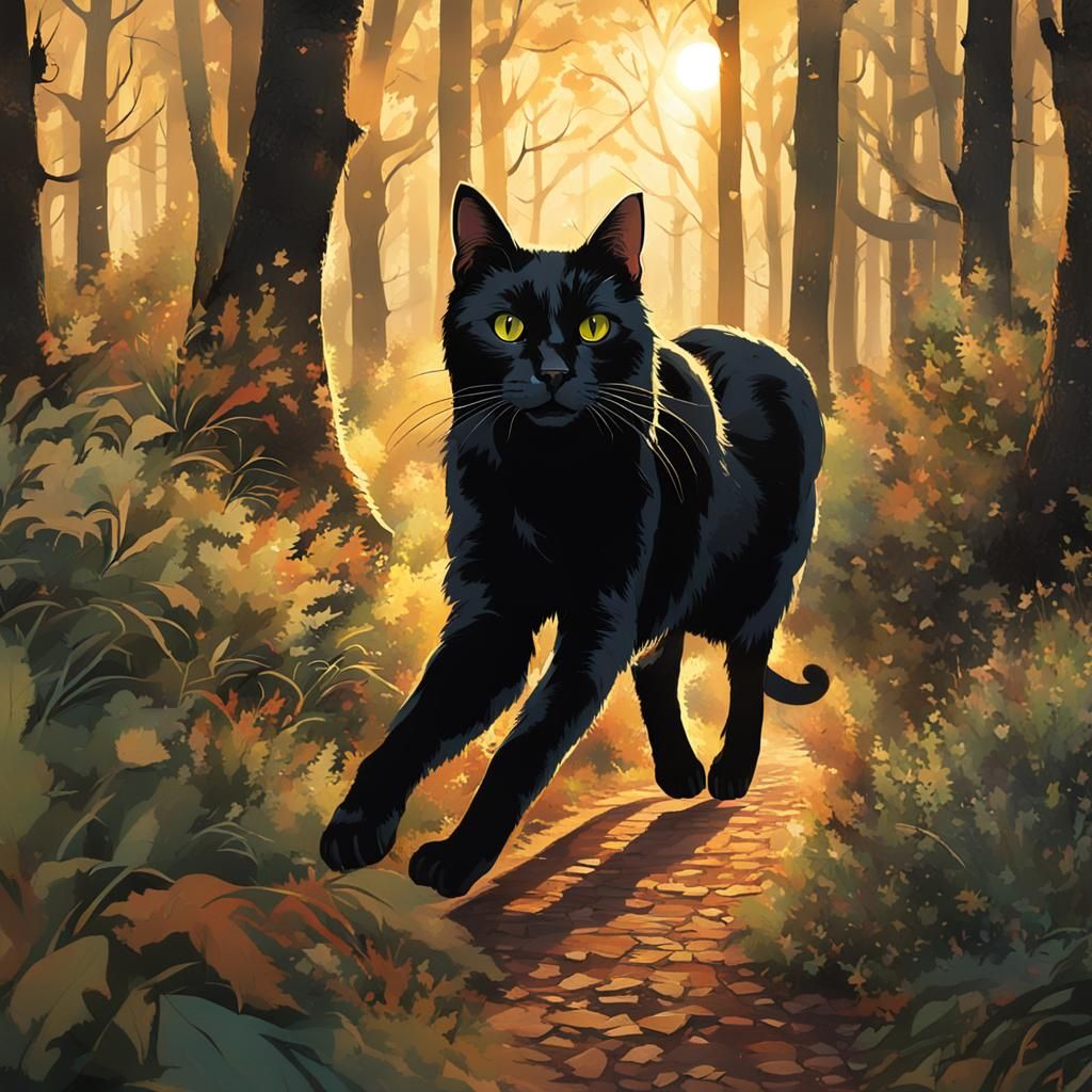 Black Cat in Golden Hour Woodland