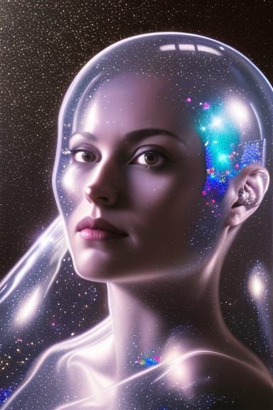 Glass Astronaut in Cosmic Glitter: Hyperrealistic Portrait