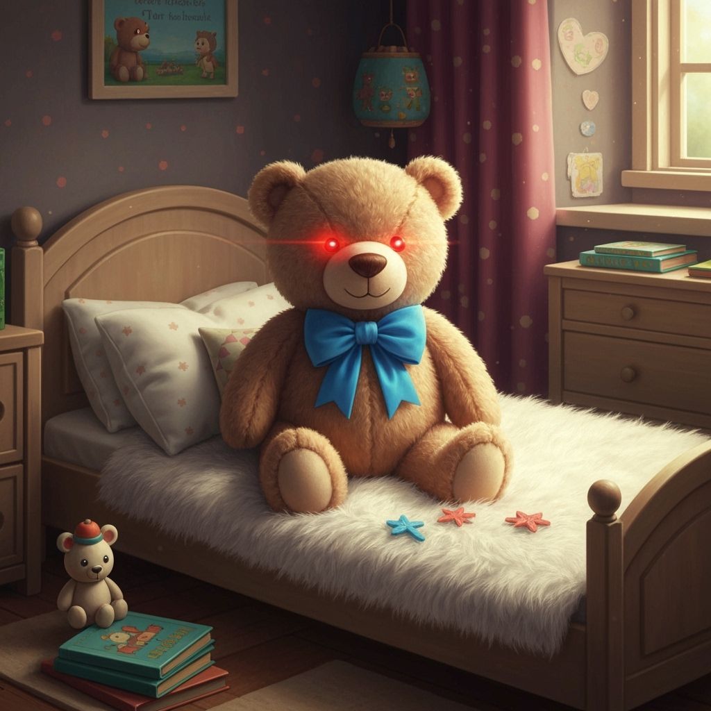 Teddy Bear with Glowing Red Eyes in Cozy Bedroom