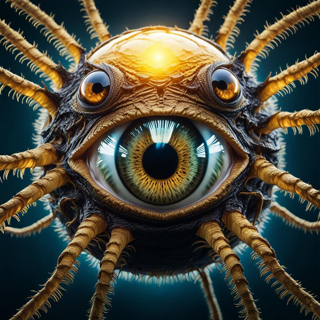 Eerie Black and Gold Tentacled Eyeball in Ethereal Realm