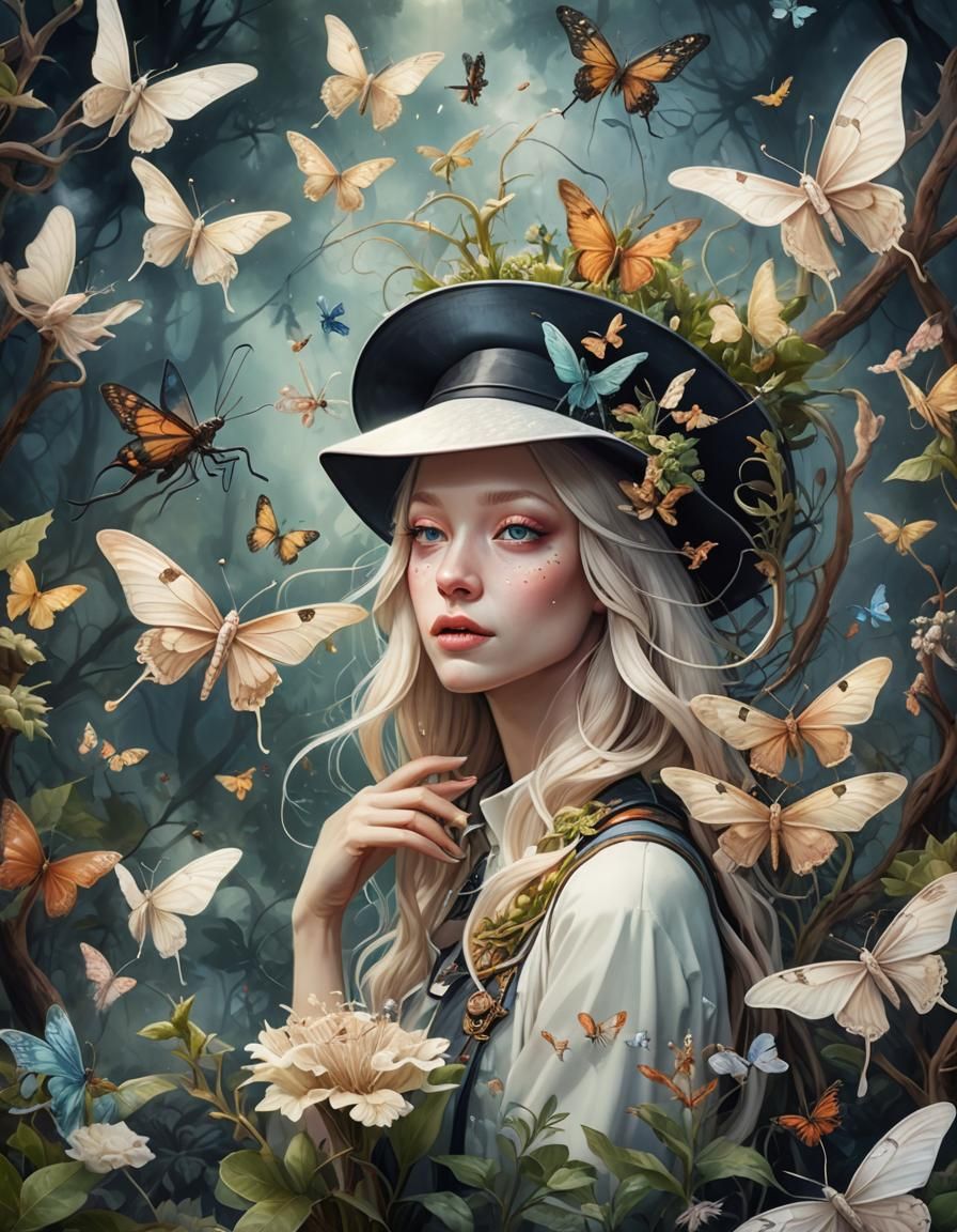 Albino Mantis Hugs Girl in Mystical Forest