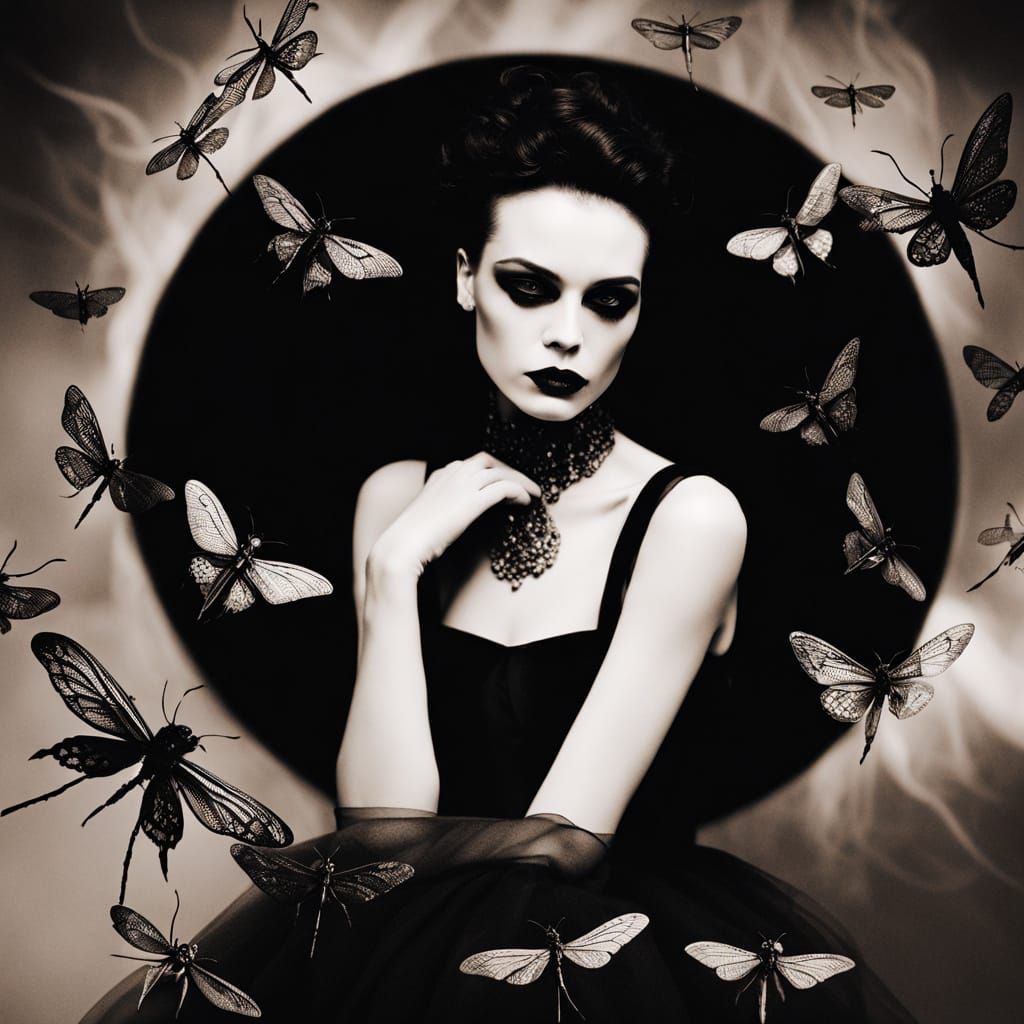 Mysterious Gothic Figure Enshrouded in a Swarm of Insects