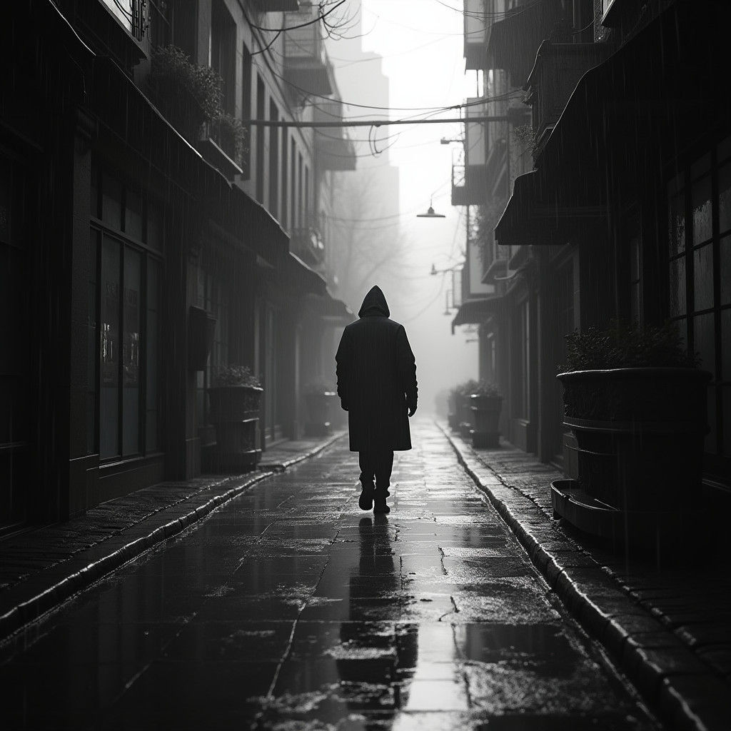 Monochrome Urban Scene with Rain Reflections