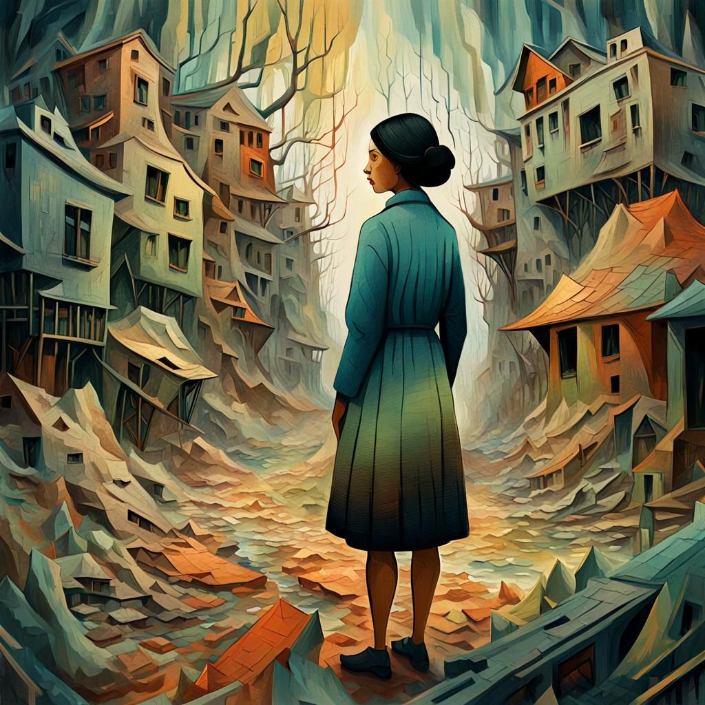 Woman in Surreal Chaotic Dreamscape with Vibrant Splashes