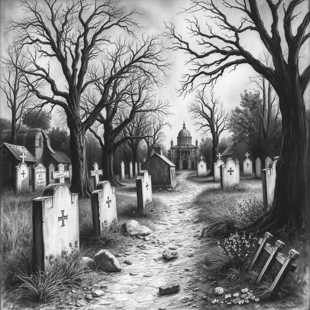 Forgotten Western Cemetery in Charcoal Detail
