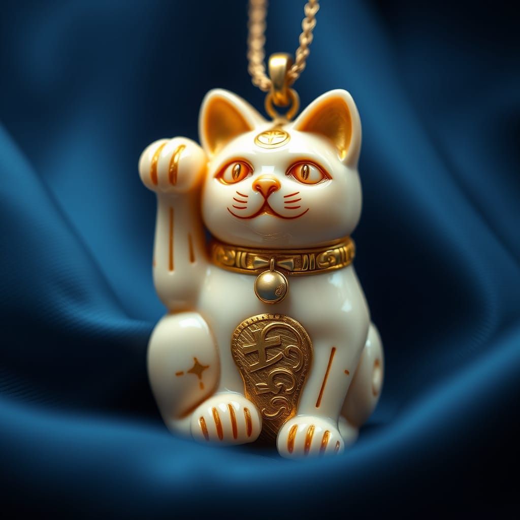 Brilliant Ivory Lucky Cat Pendant with Gold Grain Detail