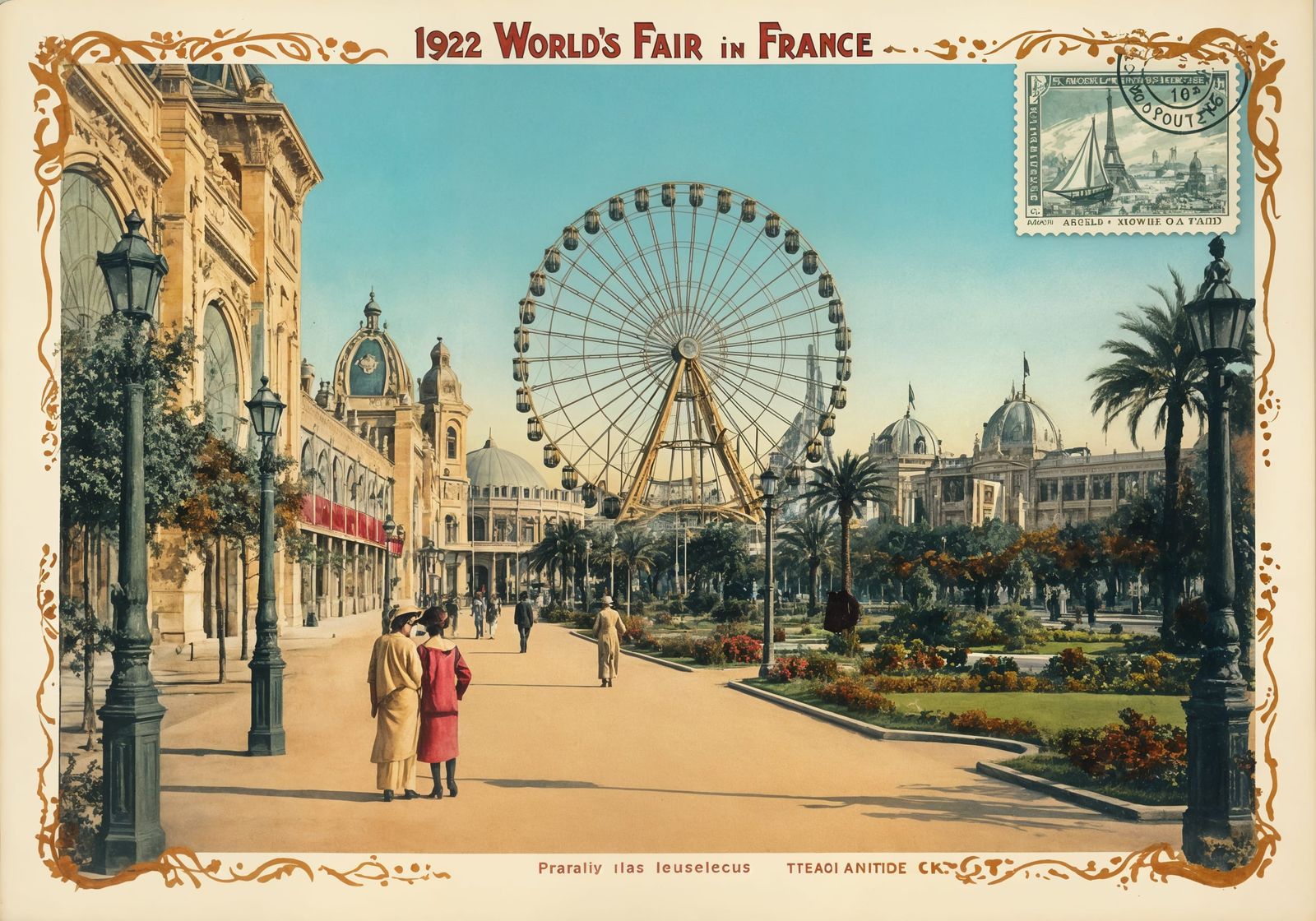 1922 World's Fair Marseille: Vintage Watercolor Postcard