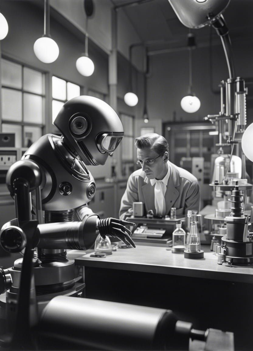 Retro Sci-Fi Robot and Monster in Laboratory