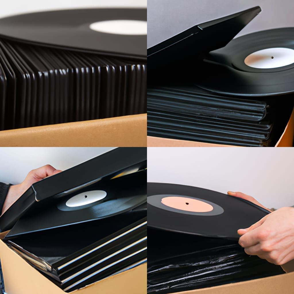 A stack of black vinyl records are put into a sleeve then into a box