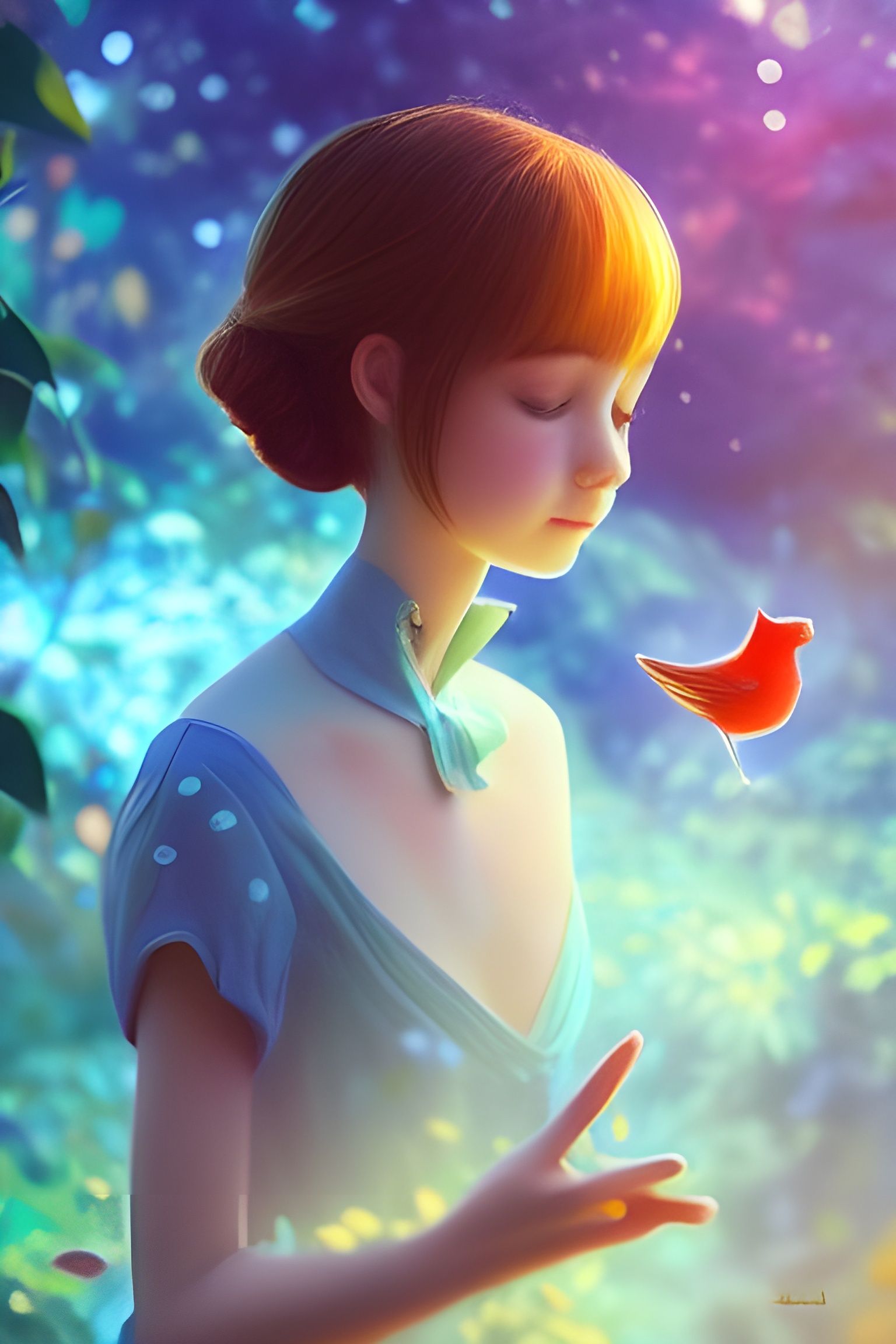 Girl with Bird in Magical Forest, Anime Style