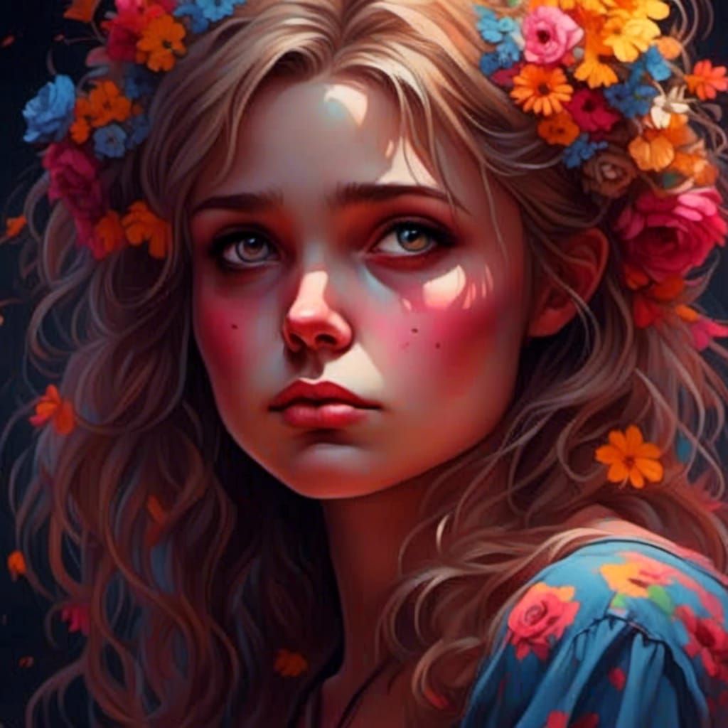 Sad Girl Portrait in Acrylic Style