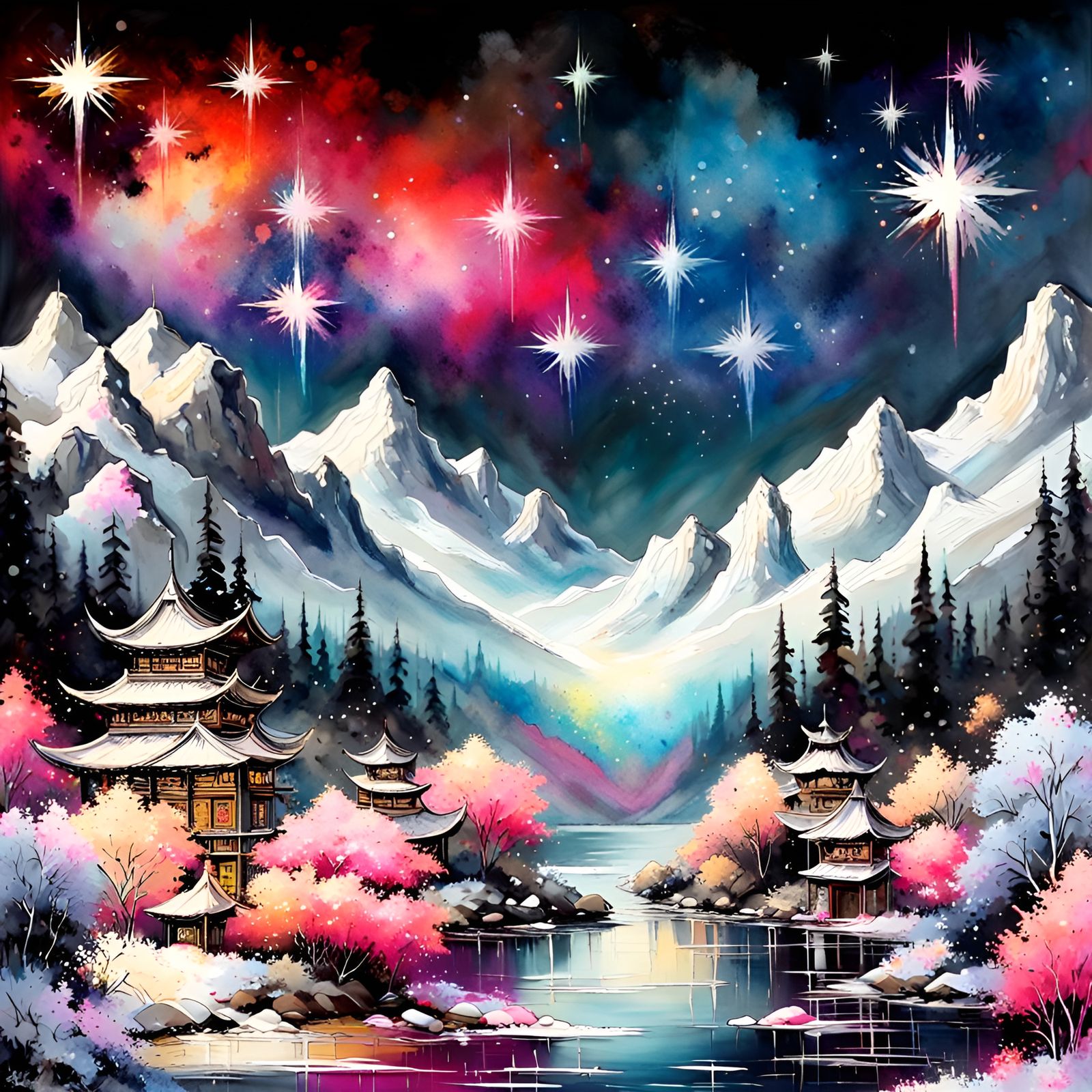 Himalayas, shimmering, pearlescent, snowy mountains, starry starry sky, black black sky, utopian timeless place