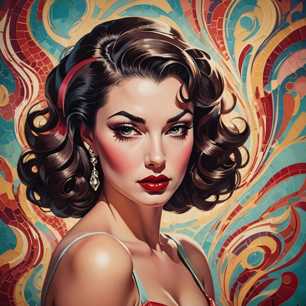 Seductive Brunette Pinup Girl in Abstract Expressionist Styl...