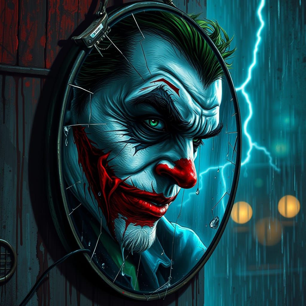 Joker's Distorted Reflection in Cracked Mirror, Hyperrealist...