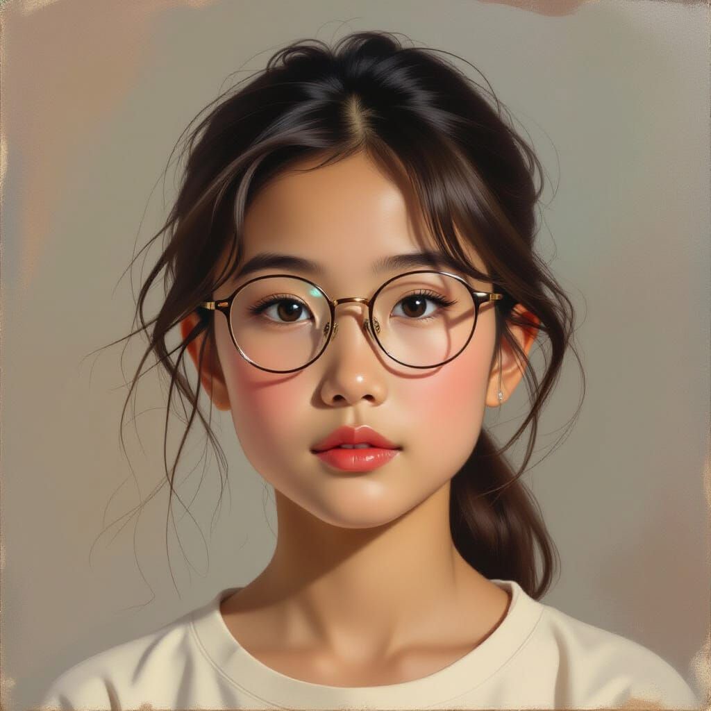 Realistic Oil Portrait of Asian Girl with Glasses