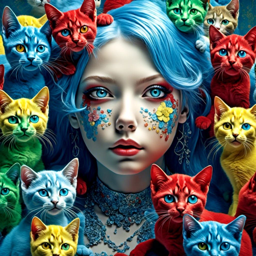 Hyperrealistic Anime Girls with Cat Features in Primary Colo...