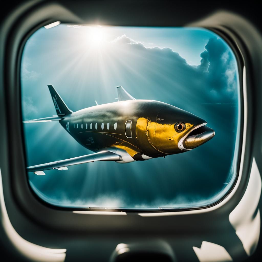 Double Exposure Fish and Airplane Photorealistic Image
