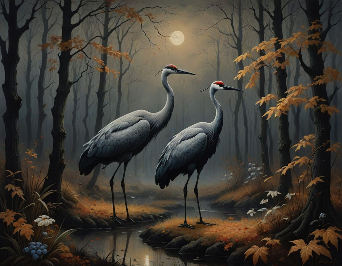 Gothic Surreal Crane in Foggy Autumn Forest