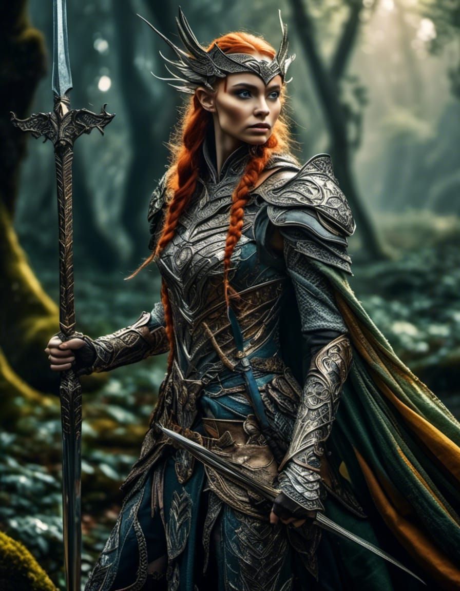 Exquisite Elven Warrior Surveys Forest in Hyperreal Detail