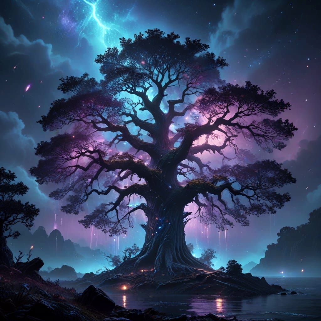 Ethereal Oak Tree Towers Above the Starry Sea