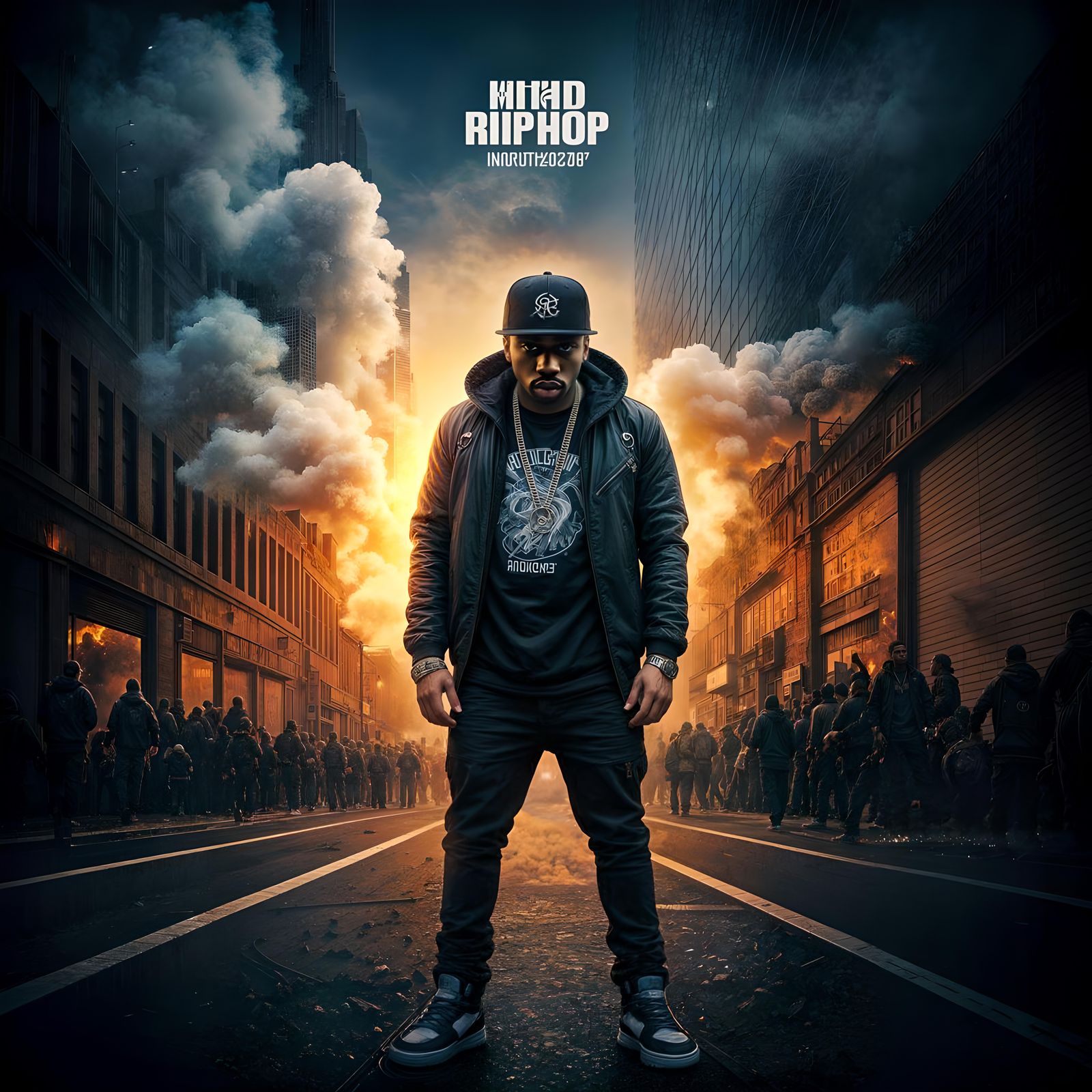 Hyperrealistic Hip Hop Cover Art with Riot Scene